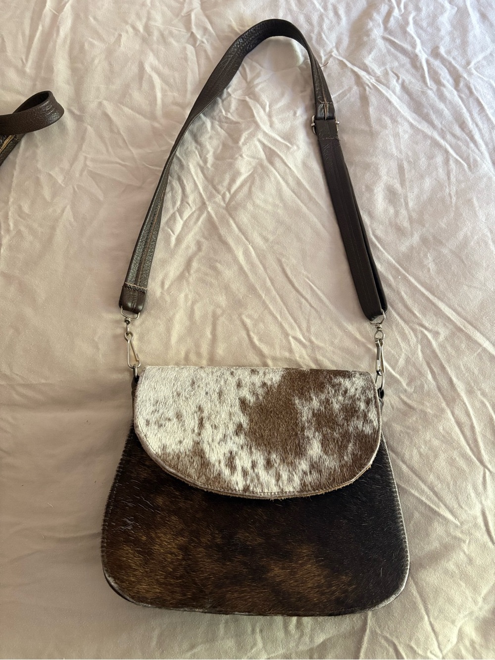 Leather Crossbody Bag with Cowhide Flap - Brown/White